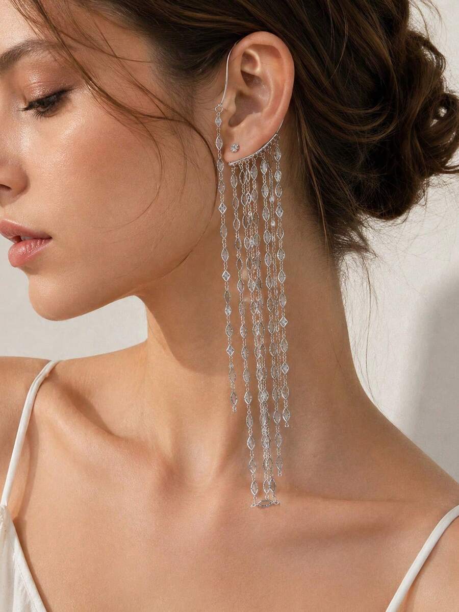 STONEFANS 1pc Tassel Ear Hook Earrings, High-End Non-Pierced Earring, Fairy Style Accessory - Silver Left - View 1