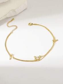 Boho Bohemian Multi-Layer Anklet Set, Pearl Chain With Hollow Heart And Butterfly Rhinestone Pendant, Vintage Gold Tone. Multi-Layer Gold Anklet, Pearl Chain With Hollow Heart And Butterfly Rhinestone Pendant, Gentle And Sweet Girl Design. Summer Beach Party Vacation Accessory, Exquisite Women's Ankle Jewelry, Versatile And Easy To Match With Various Shoes, Fashionable Gift Choice, Non-Fading Anklet. - Gold - View 11