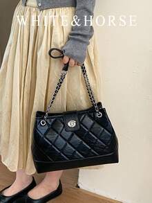 Tas Tote Rantai Quilted Hitam untuk Wanita, Tas Komuter Kapasitas Besar Terbaru, Tas Selempang Bahu dengan Gesper Kunci Vintage - Hitam - View 2