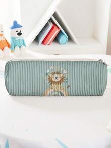 1pc Cute Little Animals Print Corduroy Cylindrical Zipper Pencil Case, Large Capacity, For Students Stationery Makeup Brushes School Daily Use Travel - Multicolor - View 2