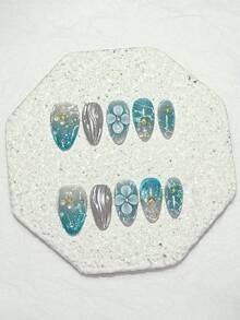 10片冰藍貓眼海洋風3D浮雕花卉金屬海星貝殼夏季亮色杏仁形美甲貼片 可拆卸可重複使用美甲用品（含1片果凍貼+1片指甲锉） - 藍色 - 查看 13
