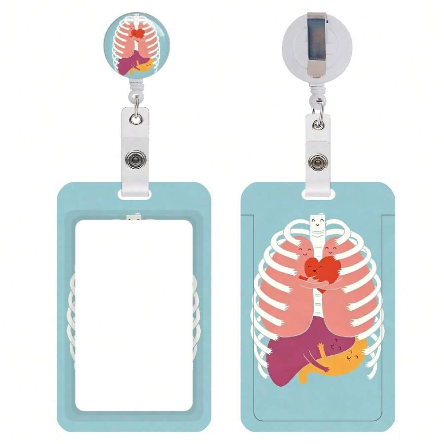 Cute Hug‑Style Human Organ Anatomical Heart Retractable Badge Reel And ID Card Holder, Cartoon Ribcage Name Tag Card Cover, Nurse Doctor Medical Staff Work Accessory Gift - Anatomy Heart - View 1
