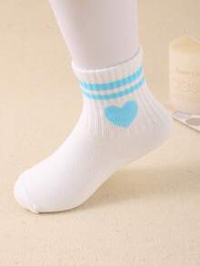5 Pairs Kids White Random Striped & Heart Pattern Elastic Soft Socks, Suitable For Daily Wear And Sports, Versatile Casual, Breathable & Comfortable, Fit For 1-14 Years Old Children And Teenagers - Multicolor - View 8