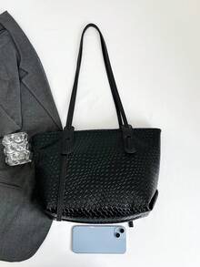 時尚純色PU鱷魚壓紋單肩托特包，適合女性購物、通勤與日常使用，適合學生上學與開學季 - 黑色 - 查看 2
