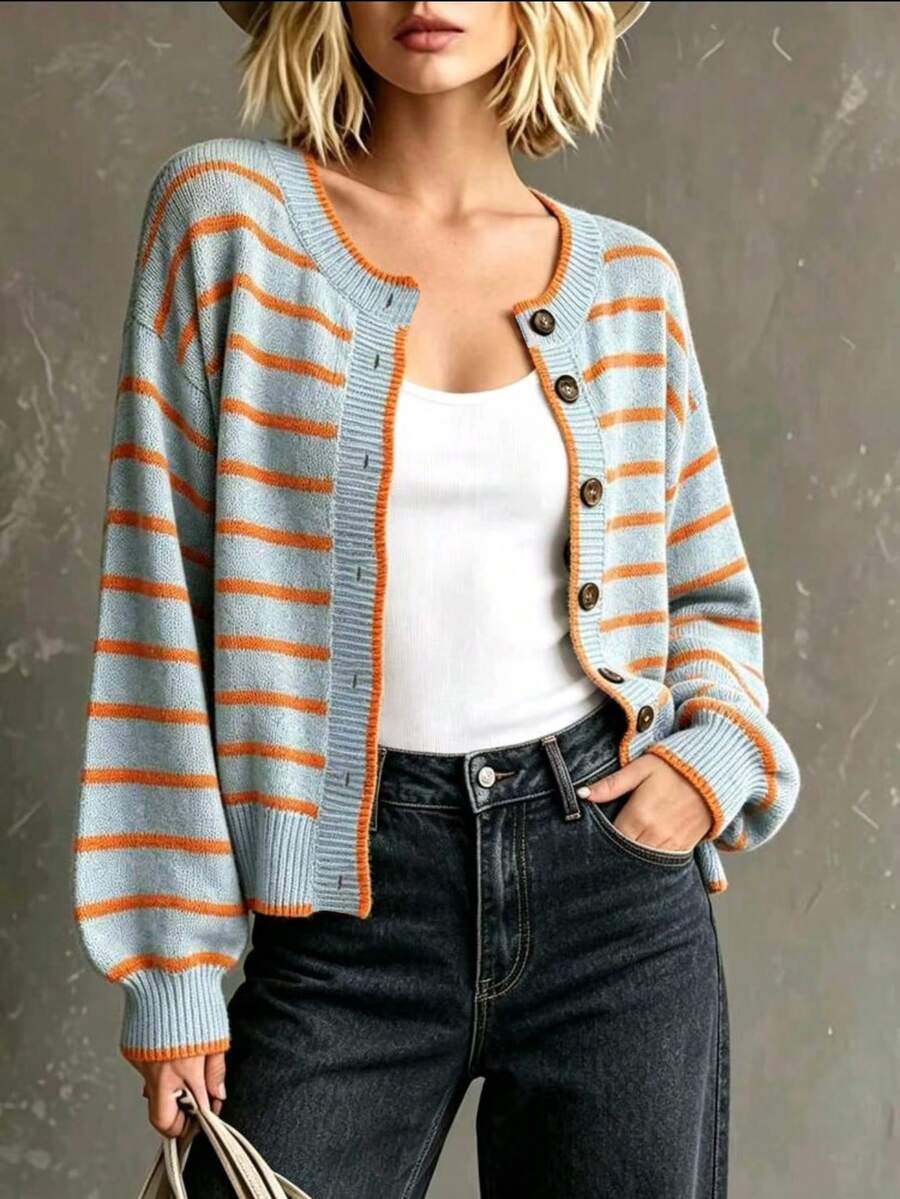 Plus Size Women's Round Neck Single-Breasted Contrast Color Striped Long Sleeve Knit Cardigan, Loose Casual, Versatile Fashion Style, Suitable For Autumn