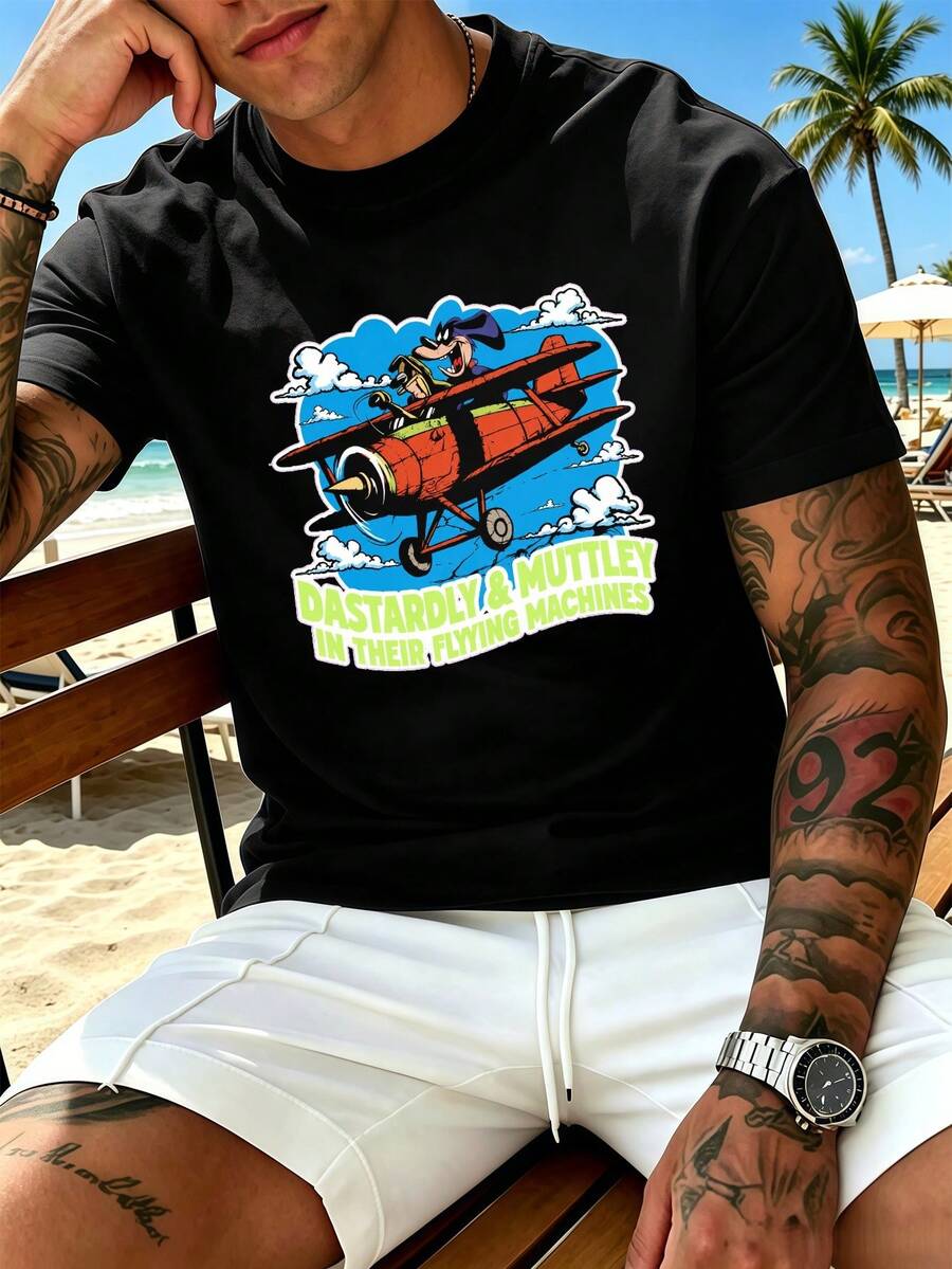Vintage Cartoon Airplane Men's T-Shirt, Crew Neck, Relaxed Fit, Casual, Graphic Design. - Black - View 1