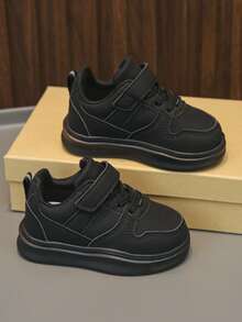 Autumn Kids White Sneakers, Lightweight Thick Sole Board Shoes For Boys And Girls, Hook And Loop Closure, PU Leather Upper, Decorative Faux Laces, Easy On And Off For Toddlers, Suitable For School And Performance Wear - Black - View 5