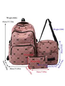 Set de 3 piezas de mochila, mochila grande + bolso cruzado + monedero, patrón de lazo, tela suave, correa de hombro ajustable, gran capacidad, adecuado para el desplazamiento diario en el campus - Rosa - Ver 6