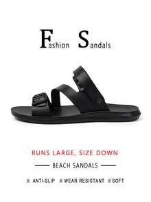 Men's Casual Hook And Loop Beach Sandals, Summer Fashion Beach Resort Style Flat Slippers With Classic Lines, Versatile - All Black - View 15