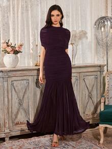 Elegant Women's Charming Long Stand Collar Pleated Chest Formal Evening Gown, Ruffle Flare Skirt, Perfect For Special Occasions - Maroon - View 10
