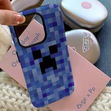 Minecraft Retro Pixel Game Style Black Creeper Pixel Graphic Blue Mosaic Grid Pattern Multishade Navy Sky‑Blue Color Rectangular Shell Raised Camera Bezel Precise Port Cut‑Out Full Edge Wrap‑Around Protective Cell Phone Back Cover, Gamer Teen Gift Gaming Party Supplies Birthday Present Holiday Surprise Daily Outdoor Indoor Office All‑Season Game‑Lover Accessory Custom Pixel Art Smartphone Protector - Blue - View 2