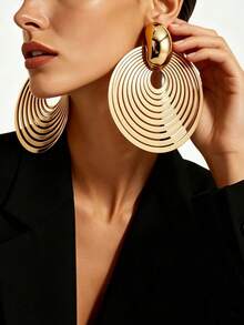1 Pasang Anting Panjang Berbentuk Bulat Berlapis Emas Mengkilap Gaya Modern Eropa & Amerika, Cocok untuk Wanita, Desain Geometris Berat yang Berlebihan untuk Pesta dan Liburan - Emas - View 2