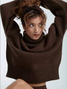 Sweater Rajut Hangat Longgar Berkerah Tinggi untuk Musim Gugur/Dingin, Bahu Jatuh, Atasan Pullover Tebal Lembut Bergaris, Pakaian Rajut Serbaguna Minimalis untuk Perjalanan Sehari-hari dan Berlapisan - Coffee Brown - View 9