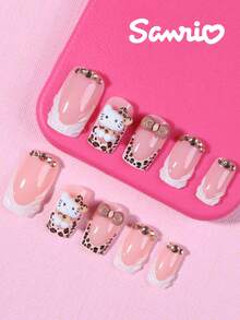 Sanrio Hello Kitty 24片短方型 3款凝膠美甲設計法式穿戴甲－可愛3D Hello Kitty裝飾搭配豹紋蝴蝶結，完美貼合壓克力假指甲套組，含1片果凍膠與1個指甲锉，適合女性與女孩日常配戴、電音派對使用 - 彩色 - 查看 3