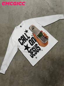 EMCGICC Manfinity Y2k CALL ON JESUS Thin Long Sleeve Men's T-Shirts,Funny Vintage Graphic Digital Print Hip-Hop For Men,Regular Fit,Street Style,Ideal Gift - 白色 - 查看 4