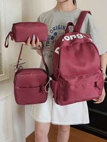 Dedoo Juego de 3 piezas de mochila, estampado de estrellas & letras, cordón con cremallera de bloques de color, gran capacidad, mochila escolar, bolso diario para estudiantes de universidad y campus - Rojo - Ver 6