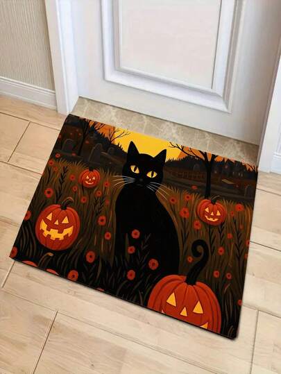1 kpl uusi Halloween musta kissa ja kurpitsa ovimatto, Halloween, sopii olohuoneeseen, makuuhuoneeseen, sisäkäyttöön - konepestävä - flanellimateriaali, herkkä tekstuuri, mukava iholle, ei nukkaantumista, hieman vedenkestävä, helppohoitoinen, hajuton - täydellinen kodin sisustukseen, huoneen sisustukseen, olohuoneen matoksi, makuuhuoneen matoksi, kylpyhuoneen matoksi, keittiön matoksi, alueen matoksi, hotellin sisustukseen - alueen matto, kaikki vuodenaikaan
