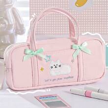 2pcs, Simple Handheld Cat Pencil Bag Zipper Double Bow Stationery Storage Bag Cosmetic Storage Bag Durable Desktop Pen Bag Student Back To School Office Stationery Storage Bag - Pencil Case - View 9