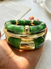 3pcs/1pc Vintage Elegant Bohemian Style Women's Green Acrylic Beaded Elastic Bracelet Set, Suitable For Women's Daily, Party, Vacation Wear, Stackable, Giftable - Green - View 3