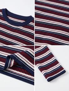 Women's American Retro Striped Contrast Color Knitted Long Sleeve T-Shirt, Crew Neck Inner Layer Base Top, Short Length, Autumn/Winter Fall - Red and White Stripes - View 10