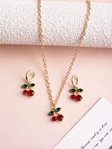 3pcs/Set Cute Cherry Rhinestone Jewelry Set Fashion Necklace Earrings Girls Daily Accessories Party Small Gift - one-size - View 1