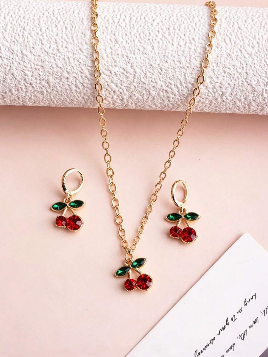 3pcs/Set Cute Cherry Rhinestone Jewelry Set Fashion Necklace Earrings Girls Daily Accessories Party Small Gift - one-size - View 1