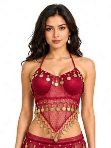 Women Halter Sequin Mesh Belly Dance Crop Top, Gold Coin Fringe Dangling Beads Performance Costume Top For Rave Festival Club Halloween, Multiple Colors Available - Multicolor - View 15