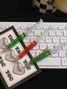 4PCS Transparent Simulation Syringe Ballpoint Pen Hair Clips, Transparent Injector Red & Green Assembled Hair Clips, Creative Clickable Ballpoint Pen Hair Clips, Simulation Syringe Student Personalized Versatile Fun Hair Clips, Daily Quirky Hair Clips - Multicolor - View 2