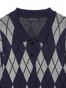 DEEKA Autumn/Winter New Women's European And American Style Fashion Minimalist Preppy Diamond Knit Cardigan Top - Navy - View 4