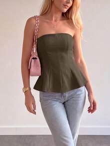 QUNGIGU Women's Bandeau Top With Flared Hem And Ruffle Detail, Summer Outfit For Elegant Outings, Dates, Birthday Parties - Brown - View 1