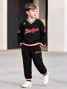 Boys' Autumn/Winter Baseball Style V-Neck 2 Pieces Set, New York Letter Print Black White Red Ribbed Colorblock Jogger Sweatpants Outfit - Black - View 1