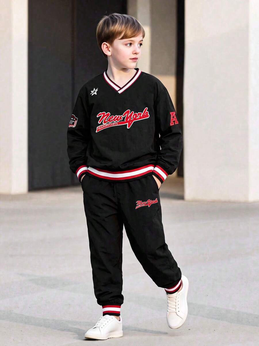 Boys' Autumn/Winter Baseball Style V-Neck 2 Pieces Set, New York Letter Print Black White Red Ribbed Colorblock Jogger Sweatpants Outfit - Black - View 1