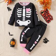 Halloween Girls Cartoon Skeleton Funny Pullover & Pants 2pcs Set, European & American Fashion Kids Outfit - Multicolor - View 1