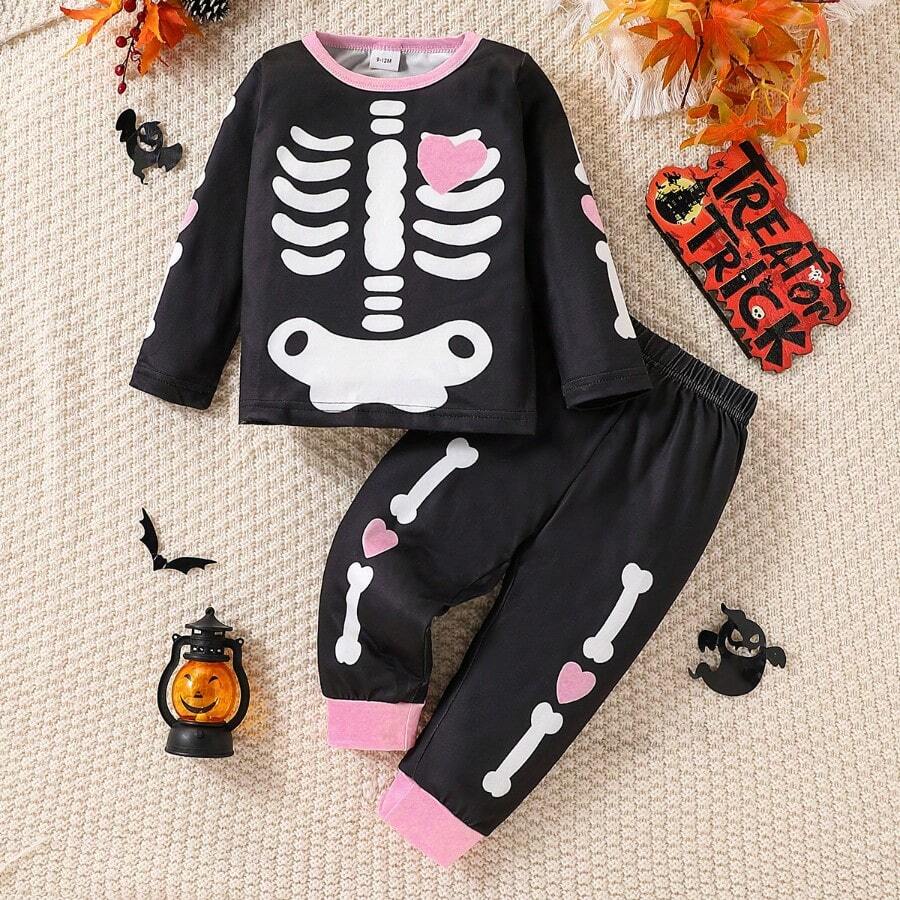 Halloween Girls Cartoon Skeleton Funny Pullover & Pants 2pcs Set, European & American Fashion Kids Outfit - Multicolor - View 1