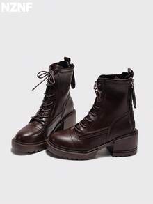 NZNF 1 Pair Contrast Color Western Style Buckle Thick Sole Slip-On Women's Retro Knight Boots Matte Chunky Heel Mid-Calf Boots Outdoor - Brown - View 6