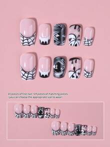 24pcs Halloween Y2K Short Square French Press-On Nails, Featuring Ghost, Spider Web, Pumpkin Head, Blood Splatter, Bat And Rhinestone Designs, Fit Fake Nail Set, Includes 1pc Jelly Glue And 1pc Nail File, Suitable For Women And Girls Daily And Party Use - Multicolor - View 2