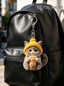 2D Flat Cute Gray Kitten Drinking Milk Tea Pattern Keychain, Adorable Cat Cup Aesthetic Key Chain Wallet Bag Decor Gift For Cat Lovers, New Acrylic Design Keyring Decoration, Durable And Lightweight, Suitable For Car Keyring, Phone Keyring, Backpack And Wallet Keyring Decor - Can Be Used As Birthday, Pet Lover Keyring Car Key Bag Pendant, Back To School Gift, Halloween, Christmas, Thanksgiving Gift - Multicolor - View 6