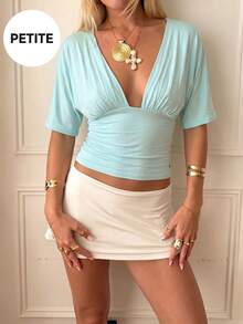 Soulscape Women's Elegant Vacation Casual Deep V-Neck Top For Petite Summer - Light Blue - View 7