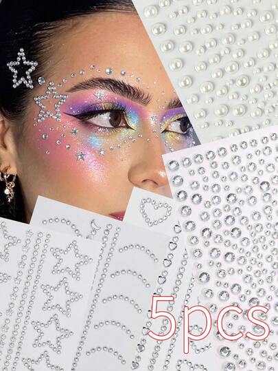 5 Hojas de Pegatinas de Diamantes para la Cara con Gemas de Cristal Transparente Brillante, Pegatinas 3D Brillantes con Forma de Estrella Hueca, Corazón y Redondas, Strass y Media Perla, Calcomanías Faciales para DIY, Festival de Música, Halloween, Navidad, Fiesta, Decoración de Maquillaje Facial y Ojos
