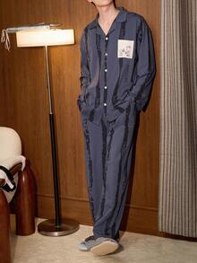 Gongdie 2 Pieces Snoopy Men Pajama Set,Fall Stripe Blue Soft Cotton Loungewear With Pocket - Dusty Blue - View 2