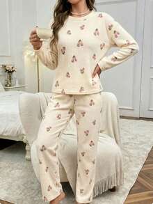 Gentle Tulip Print Vertical Stripe Women's Round Neck Long Sleeve Flannel Loose Pajama Set, 2 Pieces - Apricot - View 3