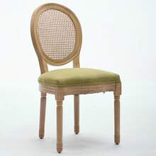 French Style Solid Wood Frame Antique Painting Linen Fabric Rattan Back Dining Chair, Set Of 2,Olive Green,DE1843OL - 綠色 - 查看 3