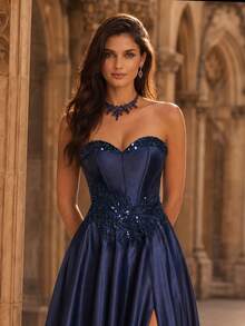 VIPGIRL Luxury Navy Blue Strapless High Slit A-Line Dress, Decorated With Exquisite Waist Accents Fall Elegant - 藏蓝色 - 查看 4