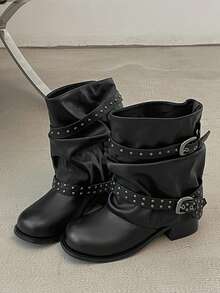 Women's Black Rivet Belt Pleated PU Comfortable Flat Thick Heel Classic Retro Boots Suitable For Outdoor Walking - Black - View 1