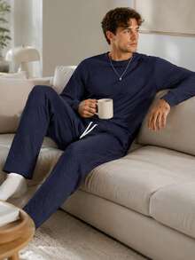 1Set Men's Autumn Diamond Jacquard Crew Neck Sweatshirt Set Drawstring Wide Leg Pants Two Pieces Outfit Loungewear Urban Commute Casual Tracksuit - Navy Blue - View 2