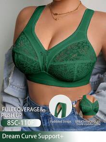 Plus Size Women's Wireless Bra, Breathable Anti-Slip Lace Patchwork Push-Up With High Support, Adjustable Straps, Seamless Design For Daily Wear And Various Occasions - Green - View 3