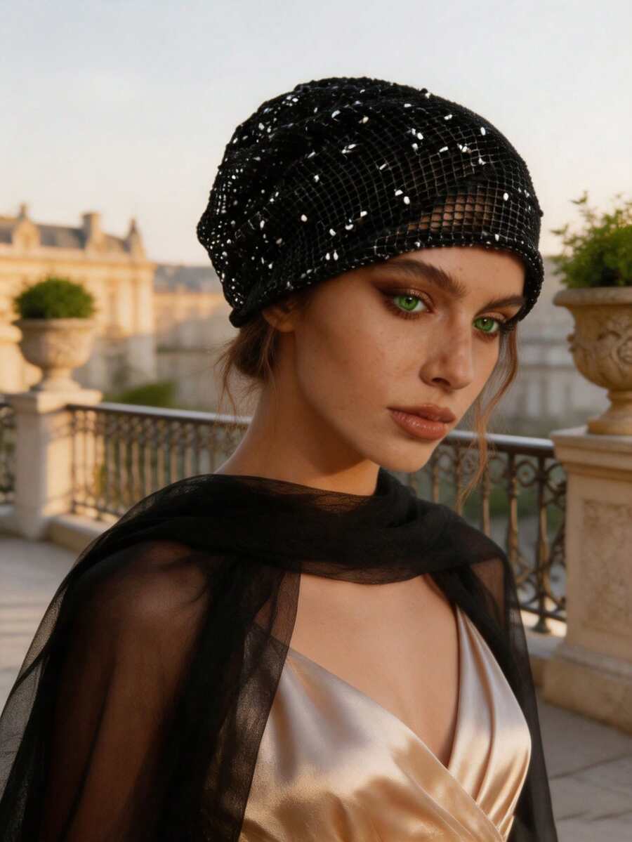 1Pc Women's Mesh Hollow Head Wrap, Solid Color Knit Turban Breathable Head Cap, Hat For Women - Black - View 1