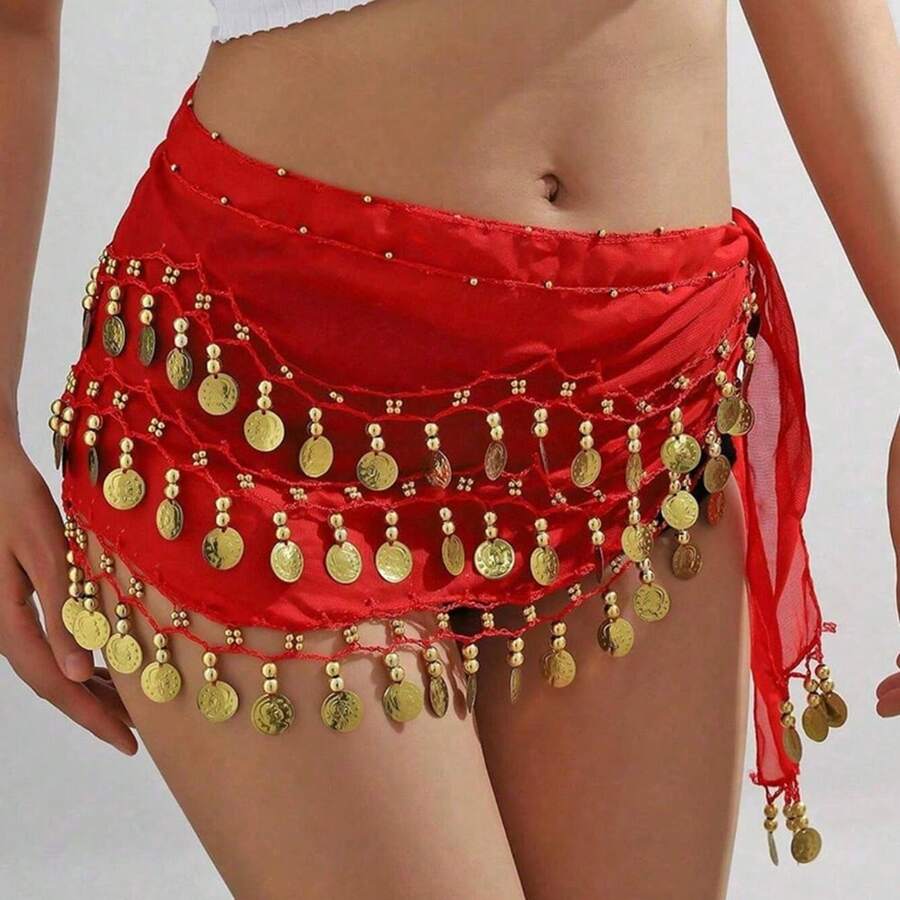 وشاح خصر للرقص من الشيفون برباط للخصر مع شرابات وعملات ذهبية وسلسلة خصر، زينة لعروض الرقص والمسرح - الأحمر - مشاهدة 1