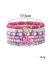 6pcs/Set Multi-Color Sweet Cute Soft Clay Resin Faux Pearl CCB Beads Shell Starfish Turtle Ocean Elements Evil Eye Flower Pentagram Bracelet Set, Suitable For Women Daily Wear And Gift - Multicolor - View 8