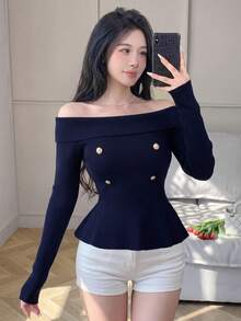 2026 Double-Row Gold Button Off-Shoulder Ribbed Knit Top, Fold-Over Off-Shoulder Slim Fit Long Sleeve, Ruffle Fish Tail Hem Waist-Cinching Cropped Base Layer, Commuter Sexy Aesthetic Elastic Knit Sweater - Royal Blue - View 6